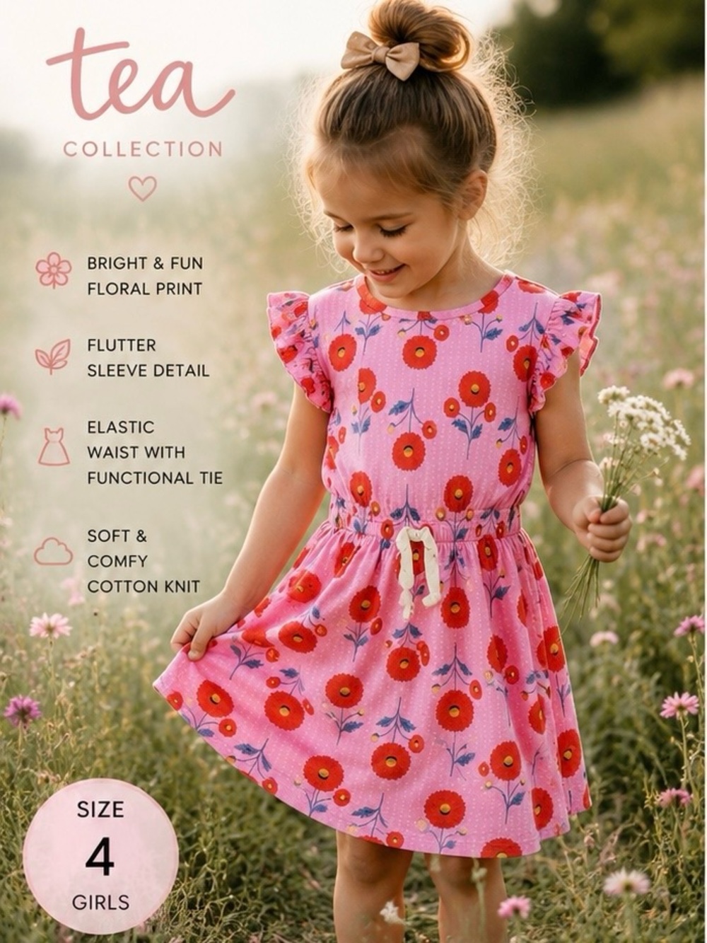 Tea Collection Girls 4 Pink Floral Flutter Sleeve‎ Dress
